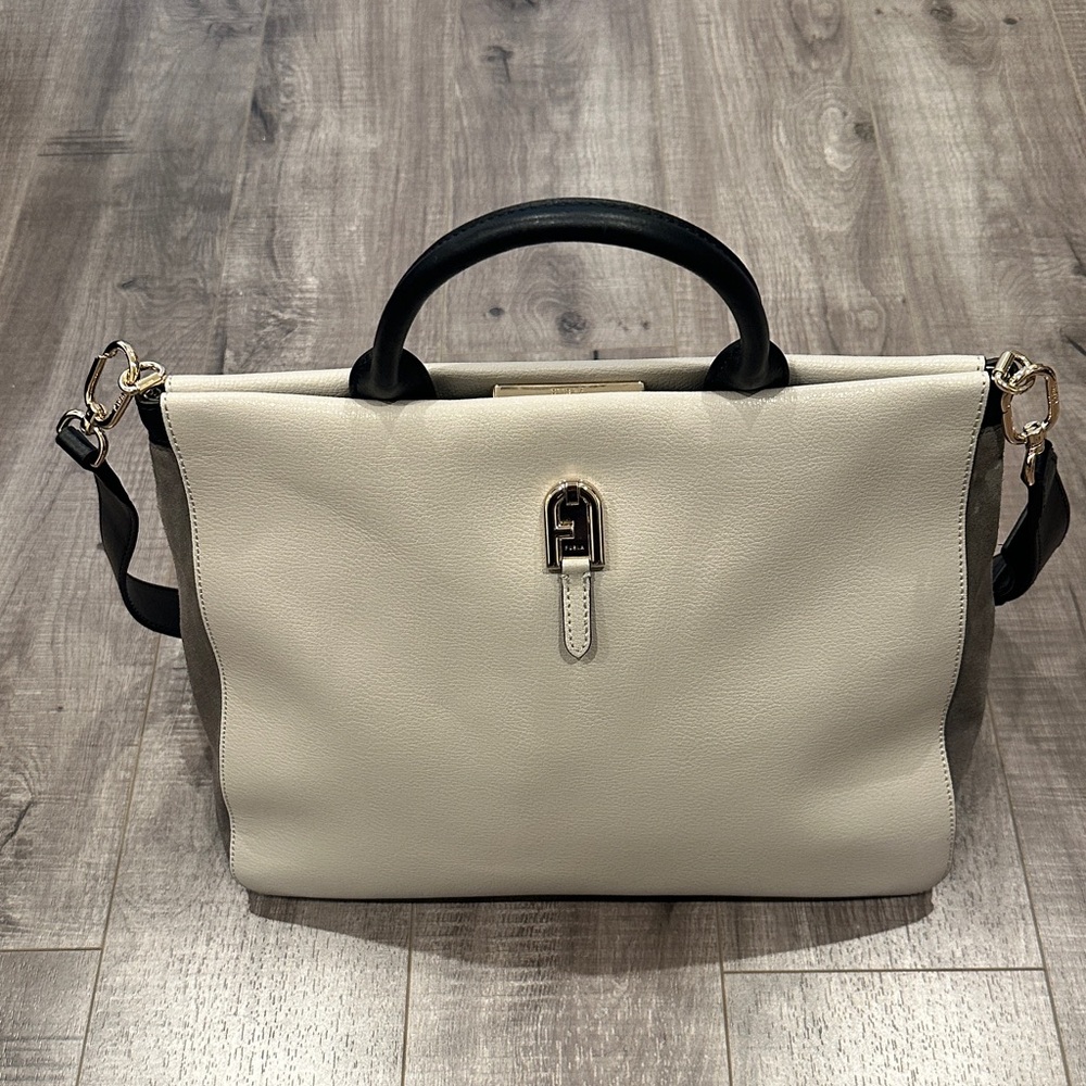 Furla Neutral Leather Colorblock 2 way Elegant Cream Handbag with Black Accents